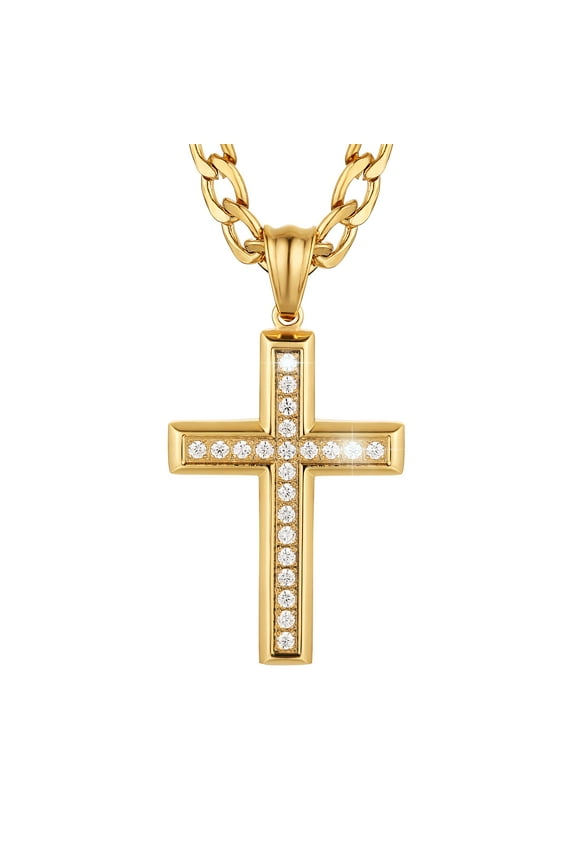 24K Gold-Plated Solid CZ Cross Necklace for Men Women Stainless Steel Religion Jewelry with 24 Inch Figaro Chain, Gold