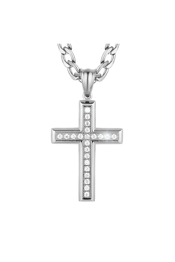 24K Gold-Plated Solid CZ Cross Necklace for Men Women Stainless Steel Religion Jewelry with 24 Inch Figaro Chain,Silver