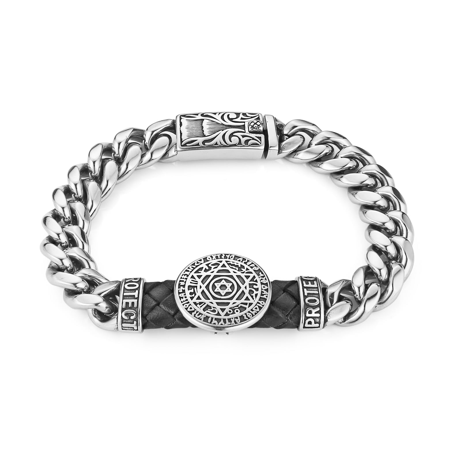 HZMAN 8.5Inch Cuban Chain Bracelet Classic Heavy Stainless Steel Bracelet for Men Biker Seal of Solomon Medal Link Bracelet Jewelry Gift