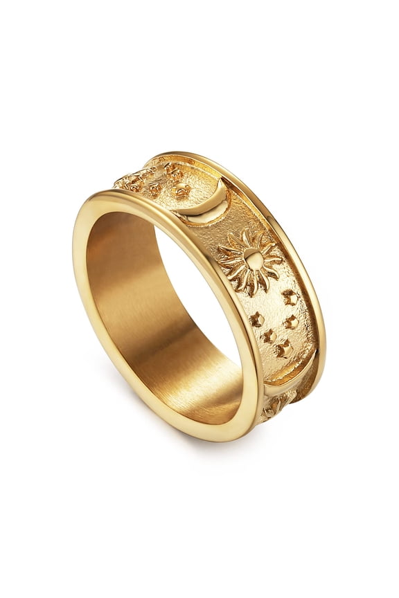 8mm Moon Star Sun Statement Ring Stainless Steel Boho Jewelry for Women Men (Gold, 5)