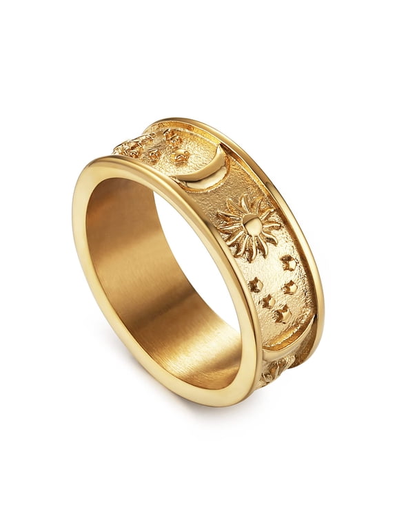 8mm Moon Star Sun Statement Ring Stainless Steel Boho Jewelry for Women Men (Gold, 9)