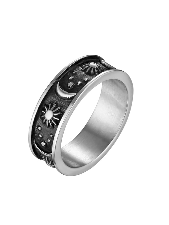 8mm Moon Star Sun Statement Ring Stainless Steel Boho Jewelry for Women Men (Silver, 7)