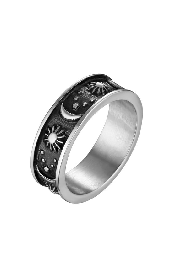 8mm Moon Star Sun Statement Ring Stainless Steel Boho Jewelry for Women Men (Silver, 7)