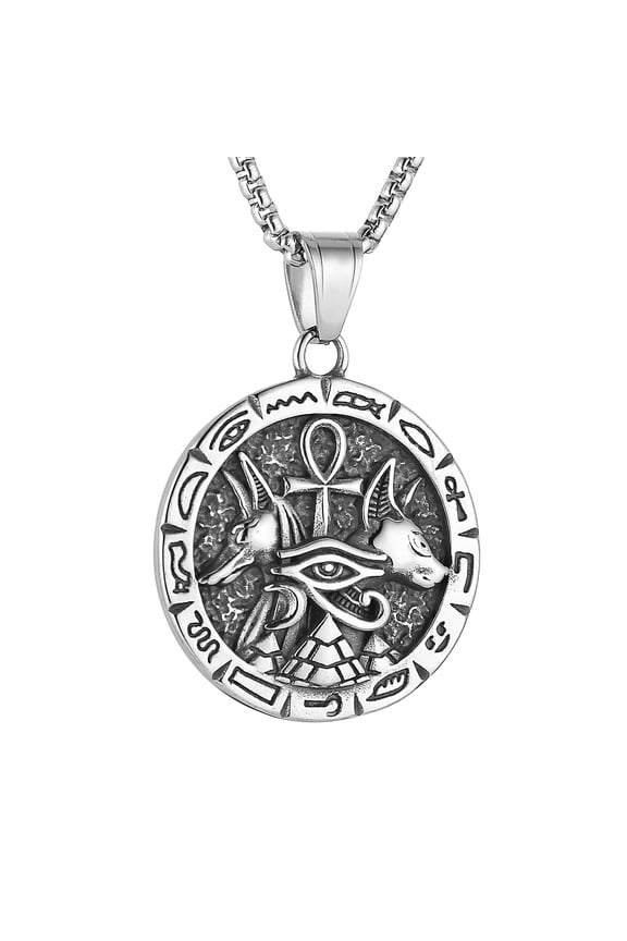 Ancient Egyptian Symbol Necklace for Men Women Stainless Steel Retro Eye of Horus Pyramid Coptic Ankh Cross Anubis Round Pendant Necklace