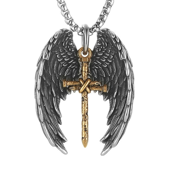 HZMAN Angel Wing Necklace for Men Women Stainless Steel Gothic Punk Angel Wing Nail Cross Pendant Faith Amulet Jewelry Gift