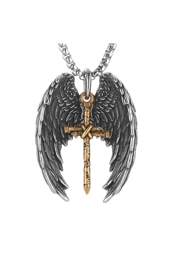 Angel Wing Necklace for Men Women Stainless Steel Gothic Punk Angel Wing Nail Cross Pendant Faith Amulet Jewelry Gift