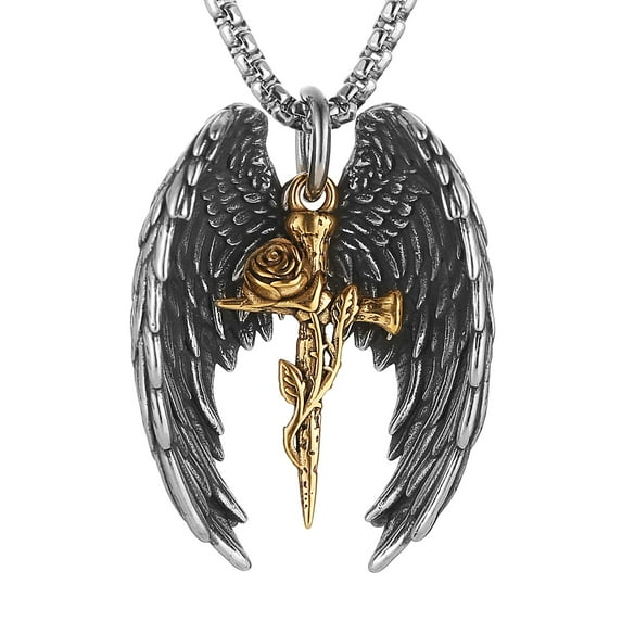 HZMAN Angel Wing Necklace for Men Women Stainless Steel Gothic Punk Angel Wing Rose Cross Pendant Faith Amulet Jewelry Gift