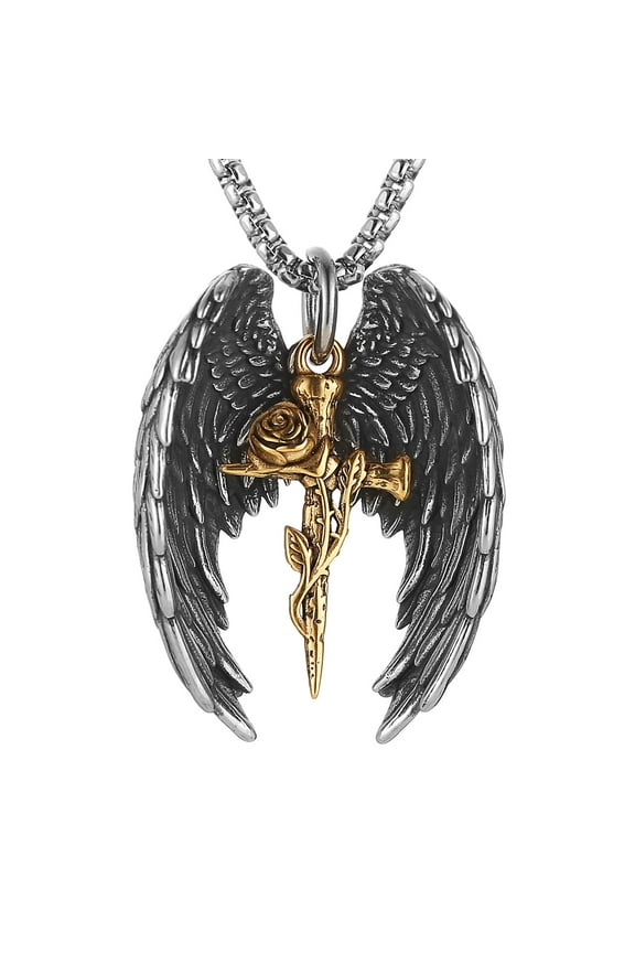 Angel Wing Necklace for Men Women Stainless Steel Gothic Punk Angel Wing Rose Cross Pendant Faith Amulet Jewelry Gift