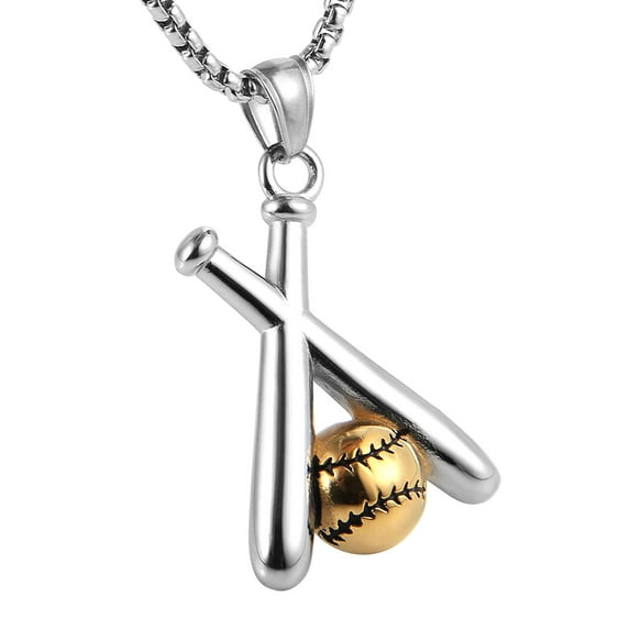 HZMAN Baseball and Baseball Bat Cross Sports Stainless Steel Pendant Necklace 22+2“ Chain (Silver & Gold)
