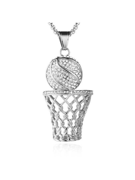 Basketball Hoop Necklace for Men Stainless Steel 18K Gold Plated Cubic Zirconia Basketball Rim Sports Pendant Jewelry Gift (Silver)