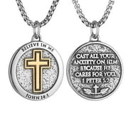 HZMAN Bible Verse Necklace for Men Women Stainless Steel Inspirational Verse Cross Round Pendant Jewelry Gift (Silver & Gold)