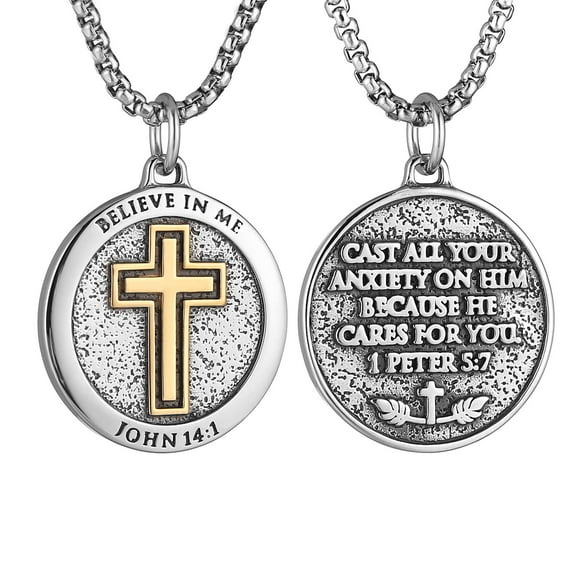 HZMAN Bible Verse Necklace for Men Women Stainless Steel Inspirational Verse Cross Round Pendant Jewelry Gift (Silver & Gold)