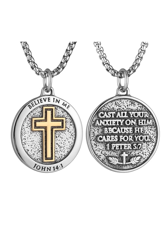 Bible Verse Necklace for Men Women Stainless Steel Inspirational Verse Cross Round Pendant Jewelry Gift (Silver & Gold)