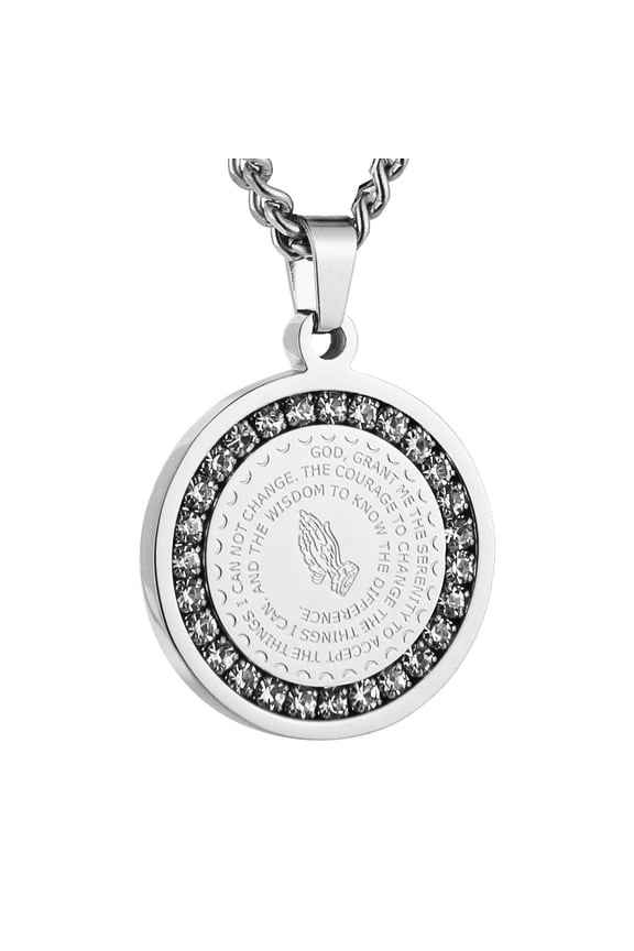 Bible Verse Prayer Necklace Christian Jewelry Gold Stainless Steel Praying Hands Coin Medal Pendant (CZ Silver)