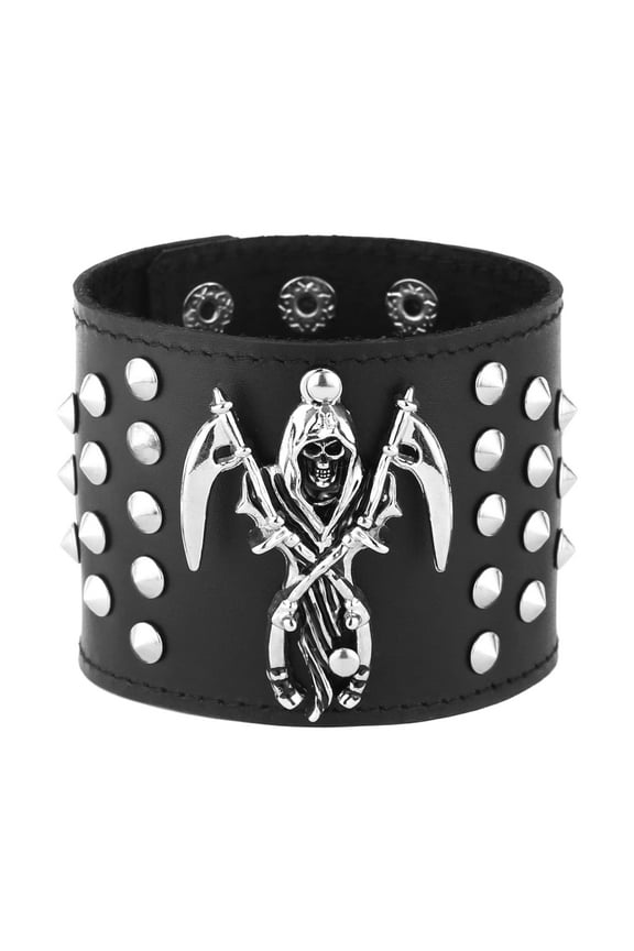 Black Death Skull Leather Cuff Bracelet for Men Gothic Spike Studded Wide Leather Wrist Bracelet