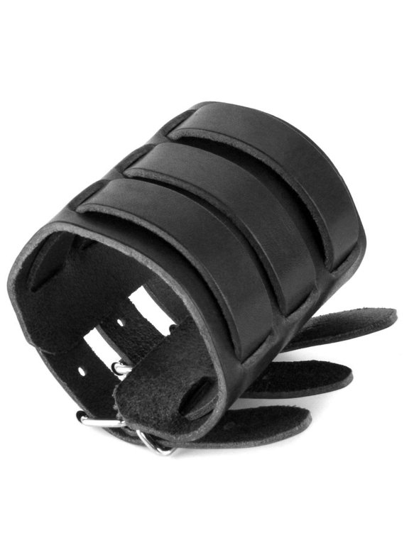 Black Leather Wide Triple Strap Cuff Wrap Gauntlet Wristband Buckle Fastening Arm Armor Cuff (Black)