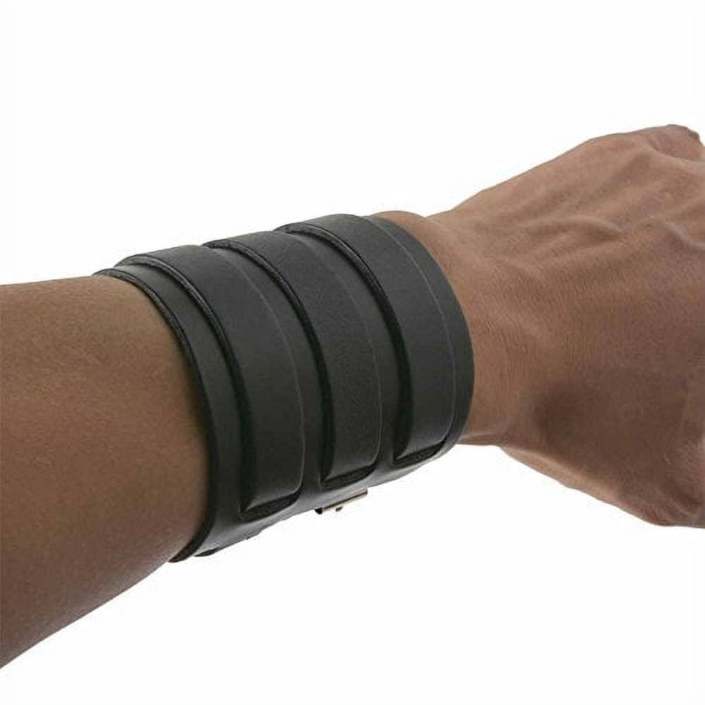 HZMAN Black Leather Wide Triple Strap Cuff Wrap Gauntlet Wristband