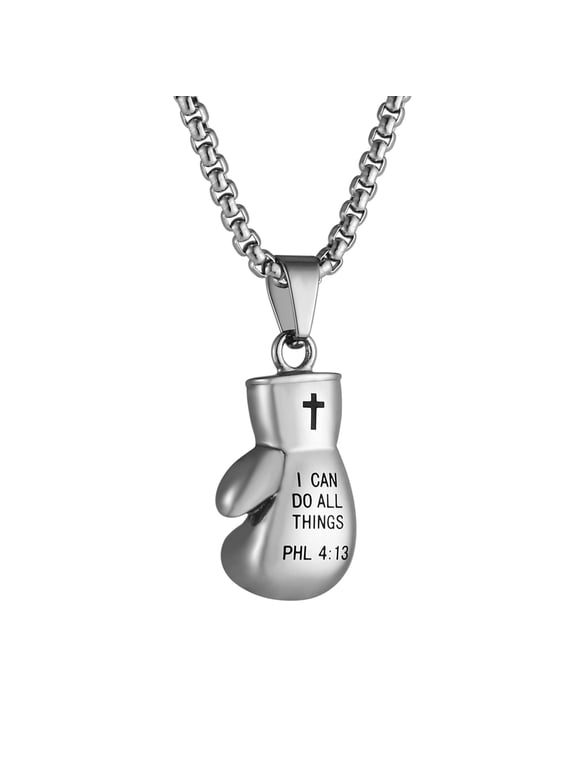 Boxing Glove Cross Pendant, I CAN DO ALL THINGS STRENGTH Bible Verse Stainless Steel Necklace 22+2" Chain