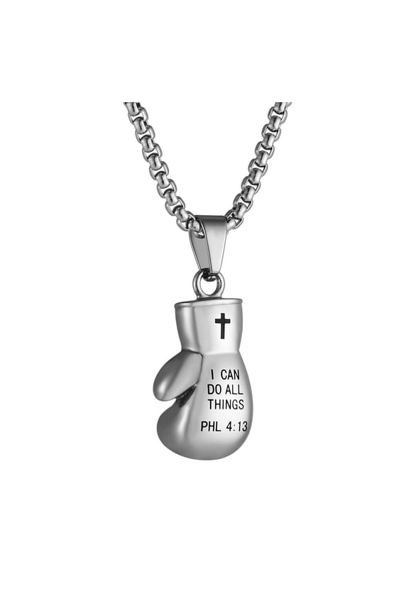Boxing Glove Cross Pendant, I CAN DO ALL THINGS STRENGTH Bible Verse Stainless Steel Necklace 22+2" Chain