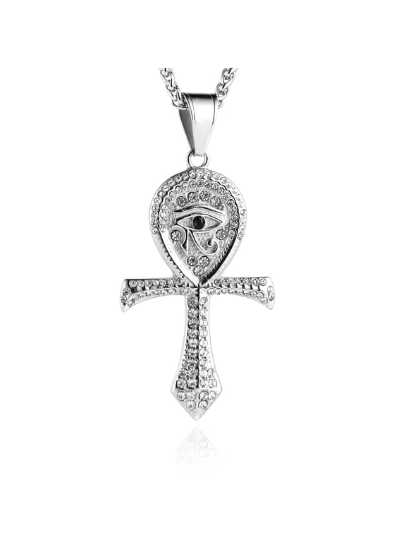 CZ Eye of Horus Egypt Protection Pendant Coptic Ankh Cross Religious Stainless Steel Necklace (Gold)