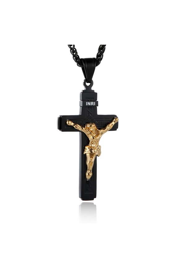 Catholic Jesus Christ on INRI Cross Crucifix Gold Silver Tone stainless steel Pendant Necklace 22+2 Chain (Black)