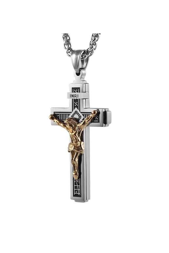Catholic Jesus Christ on INRI Cross Crucifix Gold Silver Tone stainless steel Pendant Necklace 22+2 Chain (Silver & Gold)