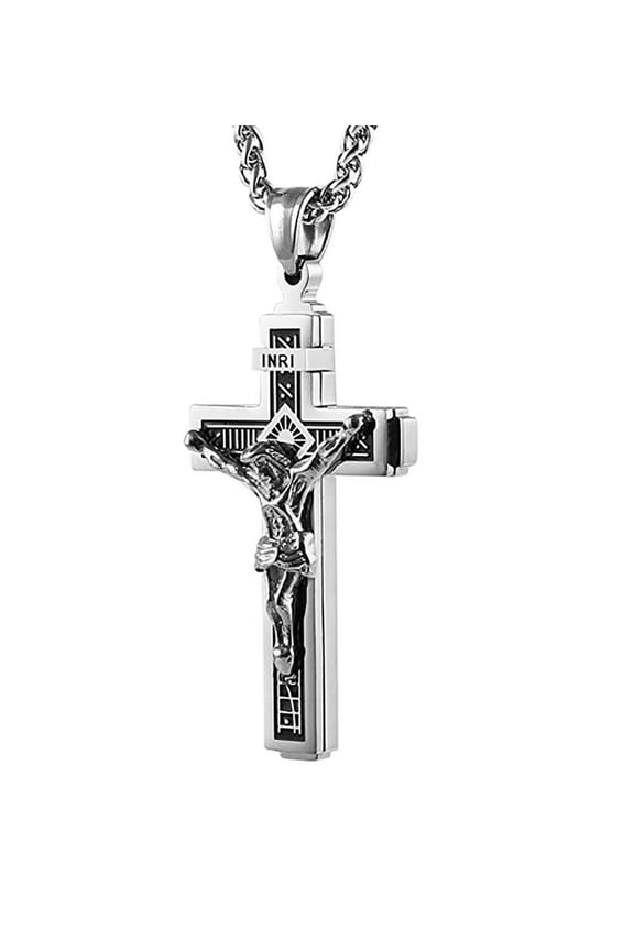 Catholic Jesus Christ on INRI Cross Crucifix Gold Silver Tone stainless steel Pendant Necklace 22+2 Chain (Silver)