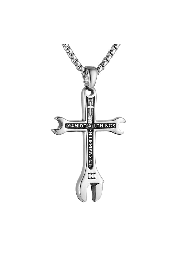 Cross Necklace for Men Stainless Steel Bible Verse Philippians 4:13 I CAN DO ALL THINGS Wrench Cross Pendant Necklace (Silver)