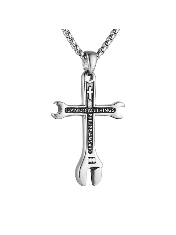Cross Necklace for Men Stainless Steel Bible Verse Philippians 4:13 I CAN DO ALL THINGS Wrench Cross Pendant Necklace (Silver)