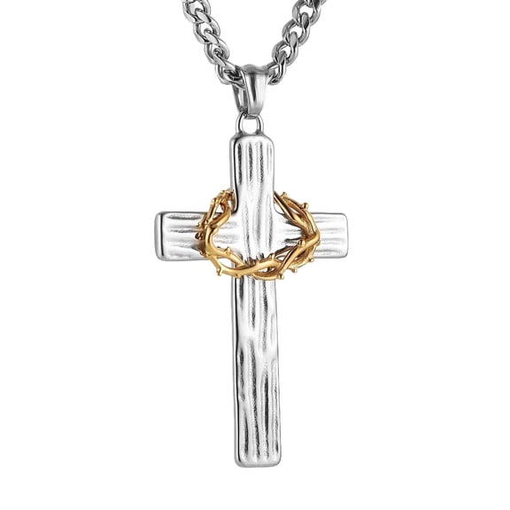 HZMAN Cross Necklace for Men Stainless Steel Retro Jesus Crown of Thorns Cross Pendant Necklace Christian Jewelry Gift (Silver)