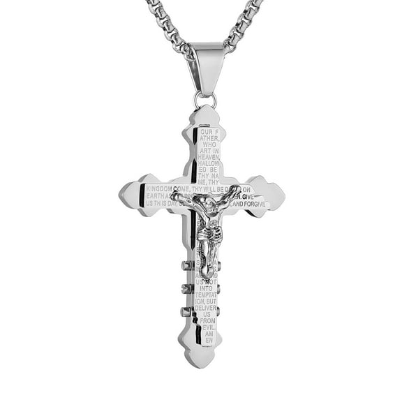HZMAN Crucifix Cross Necklace for Men Stainless Steel Retro Inspiring The Lord's Prayer Cross Pendant Christian Faith Jewelry Gift (Silver)