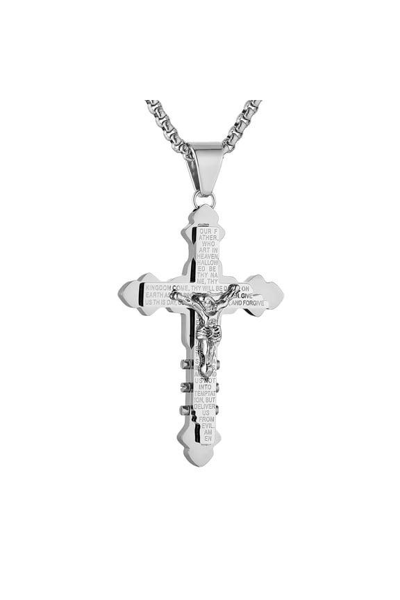 Crucifix Cross Necklace for Men Stainless Steel Retro Inspiring The Lord's Prayer Cross Pendant Christian Faith Jewelry Gift (Silver)