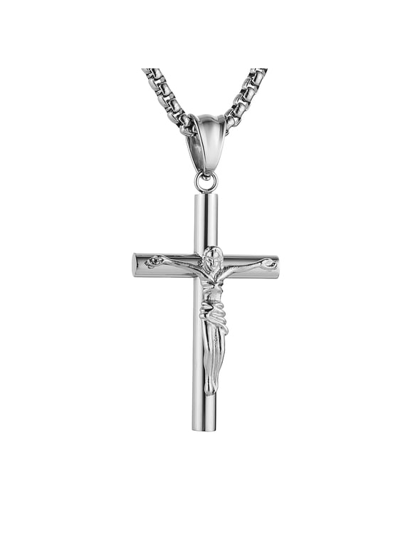 Crucifix Necklace Stainless Steel Cross Pendant with 22+2 Chain for Men Women