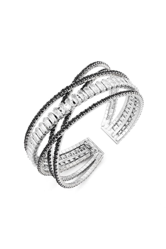 Crystal Rhinestone Cuff Bracelet for Women Dainty MultiLayer Bracelet 5 Rows Layered Bracelets Jewelry for Prom Party Wedding (Silver&Black)