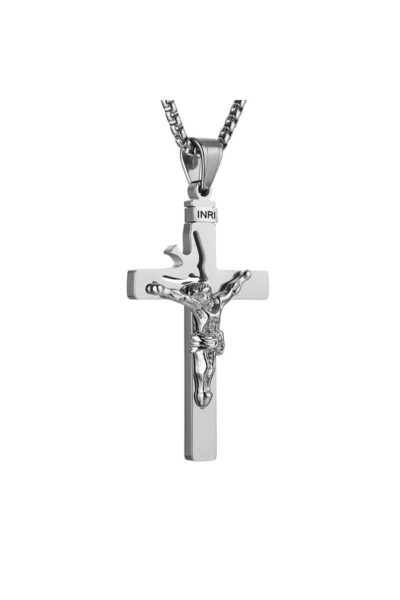 Dove Holy Land Gift INRI Cross Crucifix stainless steel Pendant Necklace With Free Chain (Silver)