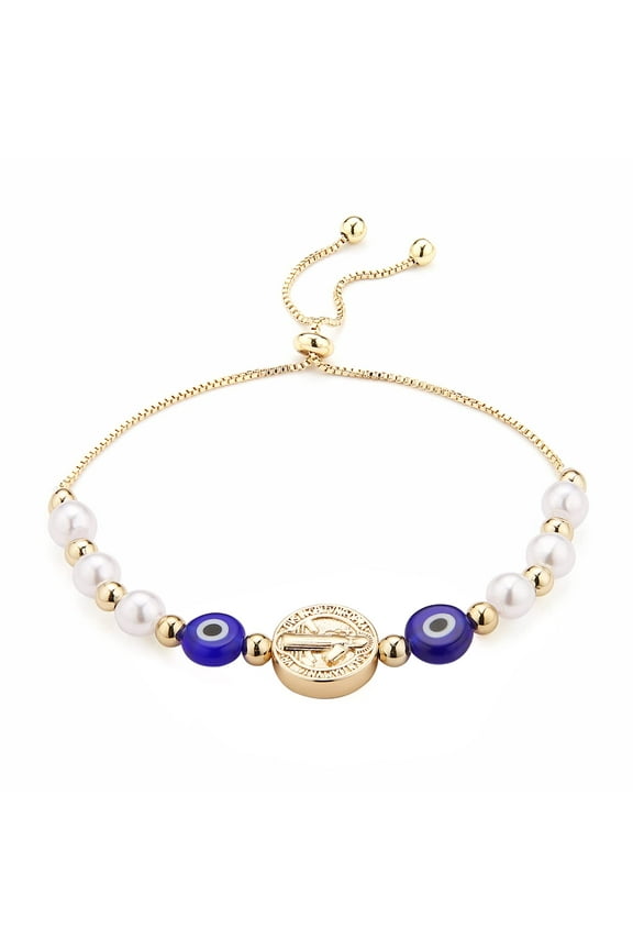 Evil Eye Bracelet for Women 14K Gold Plated Saint Benedict Medal Retro Blue Eye Bead Luck Protection Stretch Bracelet Jewelry Gift (Blue)