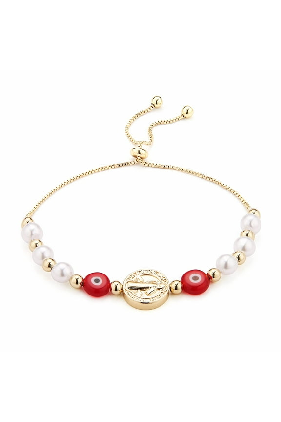 Evil Eye Bracelet for Women 14K Gold Plated Saint Benedict Medal Retro Blue Eye Bead Luck Protection Stretch Bracelet Jewelry Gift (Red)