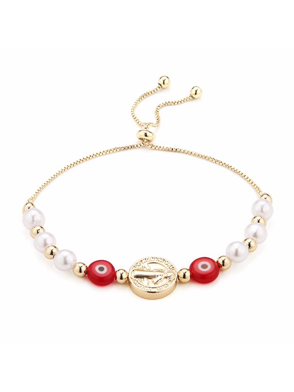 Evil Eye Bracelet for Women 14K Gold Plated Saint Benedict Medal Retro Blue Eye Bead Luck Protection Stretch Bracelet Jewelry Gift (Red)