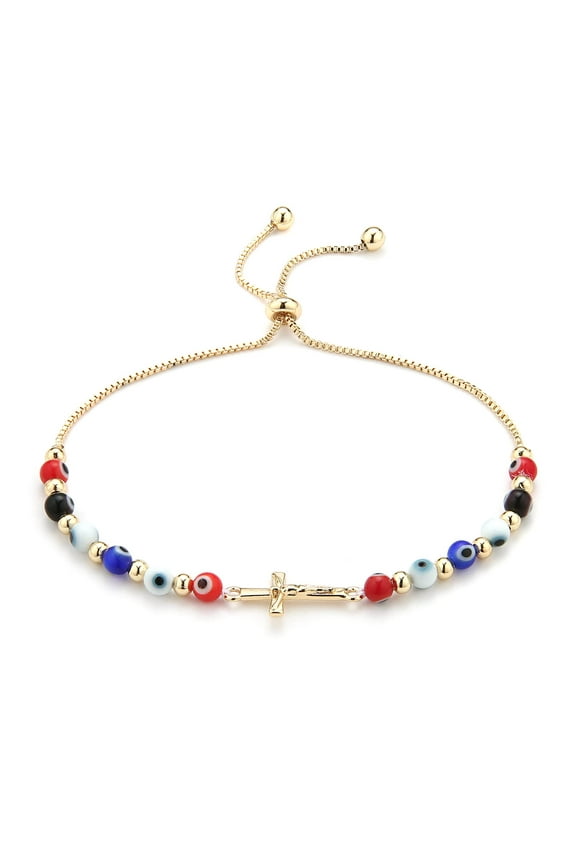 Evil Eye Bracelet for Women Men 14K Gold Plated Jesus Crucifix Cross Retro Evil Eye Beads Luck Protection Stretch Bracelet Jewelry Gift