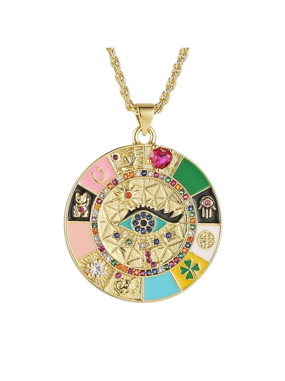 Evil Eye Necklace for Women Retro Enamel 18K Gold Plated Round Medal Necklace Pendant Good Luck Amulet Jewelry Gift (Colorful-4)