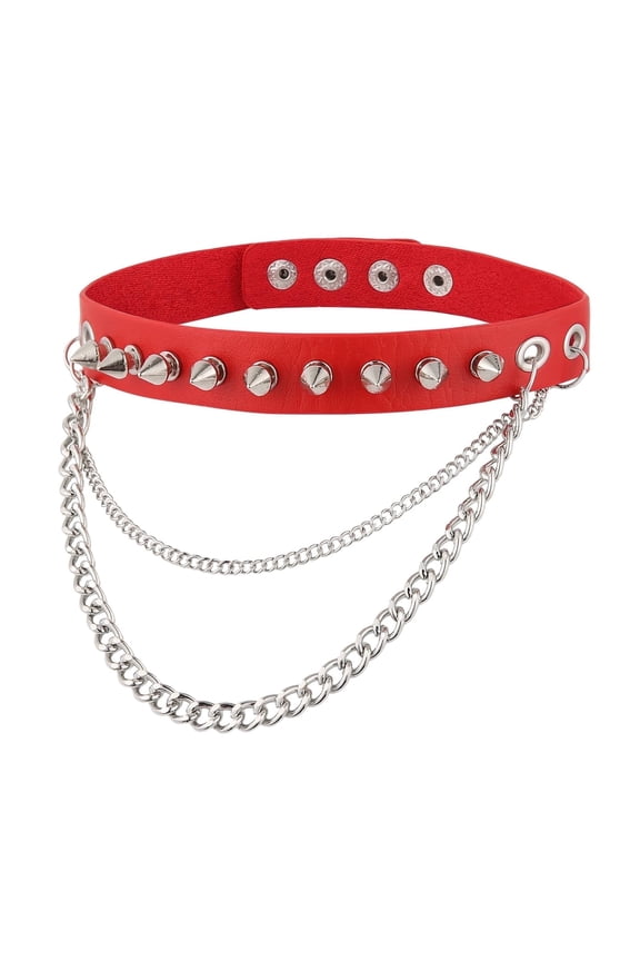 Fashion Women Men Cool Punk Goth Metal Spike Studded Link Red Leather Collar Choker Necklace Jewelry Gift