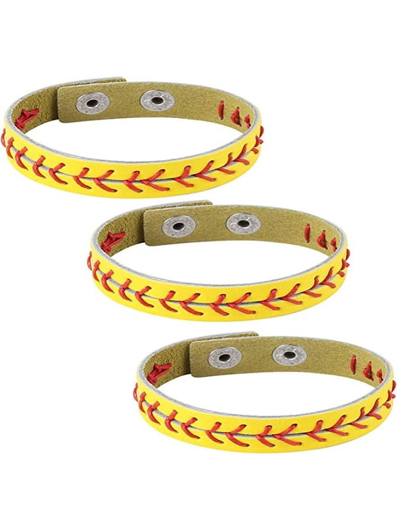 Genuine Leather Baseball Bracelets by Athletes Bangle Cuff Wristband, 3 Pcs White Black Yellow (Yellow)