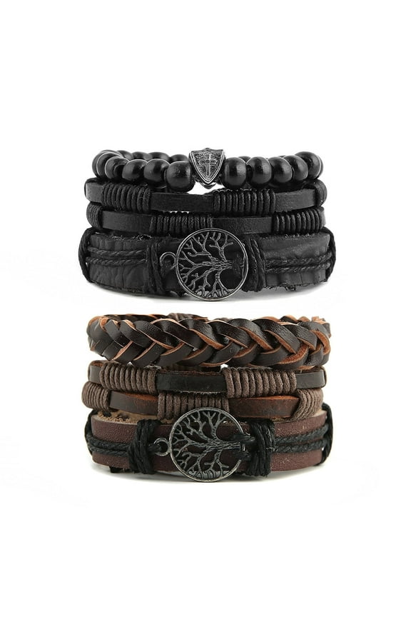 Genuine Leather Tree of life Bracelets Men Women, Tiger Eye Natural Stone Lava Rock Beads Ethnic Tribal Elastic Bracelets Wristbands (2Pcs)