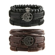 HZMAN Genuine Leather Tree of life Bracelets Men Women, Tiger Eye Natural Stone Lava Rock Beads Ethnic Tribal Elastic Bracelets Wristbands 6 Pcs