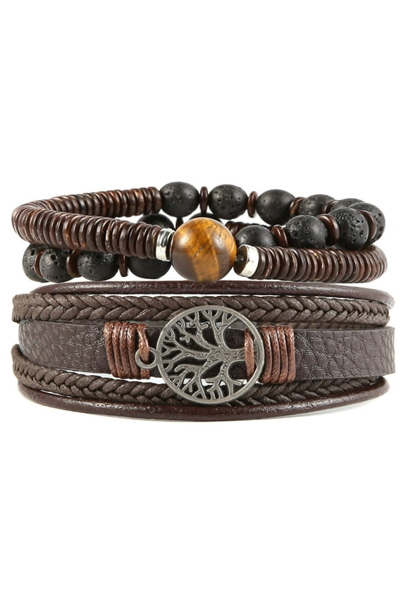 Genuine Leather Tree of life Bracelets Men Women, Tiger Eye Natural Stone Lava Rock Beads Ethnic Tribal Elastic Bracelets Wristbands (Brown)