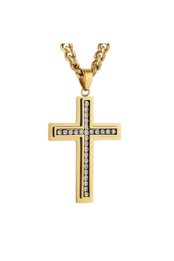 Gold Cross Necklace for Men Stainless Steel Cross with Cubic Zirconia Inlay Pendant Necklace with 7mm Cuban Chain 24In