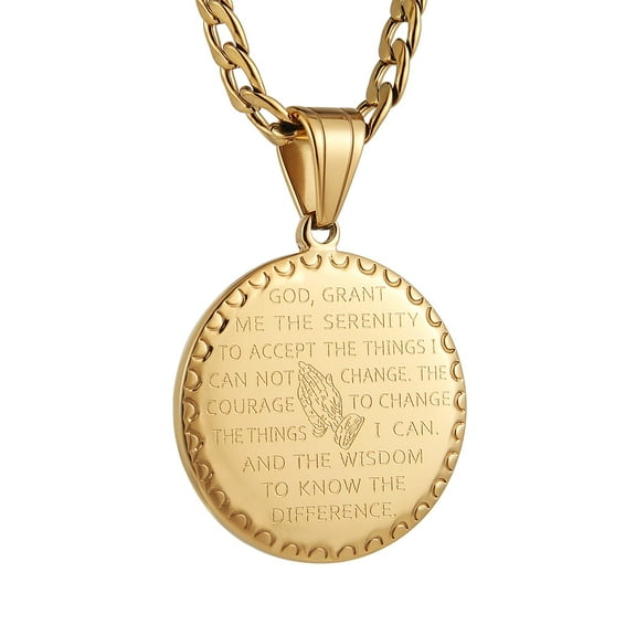 HZMAN Gold Plated Stainless Steel Lords Prayer Praying Hands Coin Medal Pendant for Men Women Bible Verse Necklace Figaro Chain Jewelry