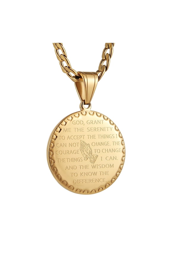Gold Plated Stainless Steel Lords Prayer Praying Hands Coin Medal Pendant for Men Women Bible Verse Necklace Figaro Chain Jewelry