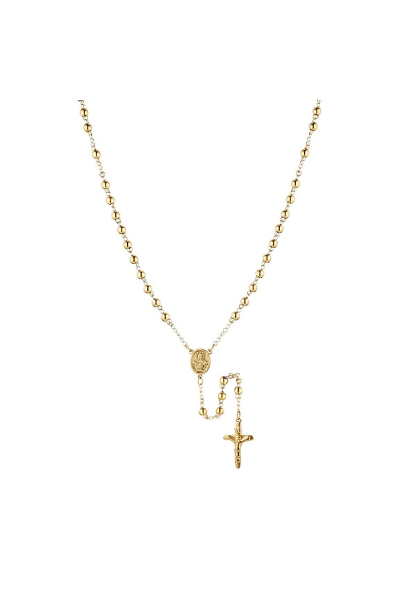 Gold Rosary Beads Cross Necklace for Women Stainless Steel Heavy Crucifix Virgin Mary Y Shape Necklaces Jewelry