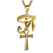 HZMAN Gold Stainless Steel Eye of Horus Egypt And Coptic Ankh Cross Religious Pendant Necklace 24" Figaro Chain Gold
